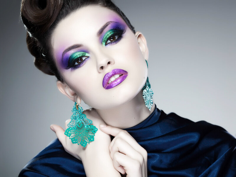 Woman with Colorful Makeup — Purple, Dramatic, Photograph, Earrings