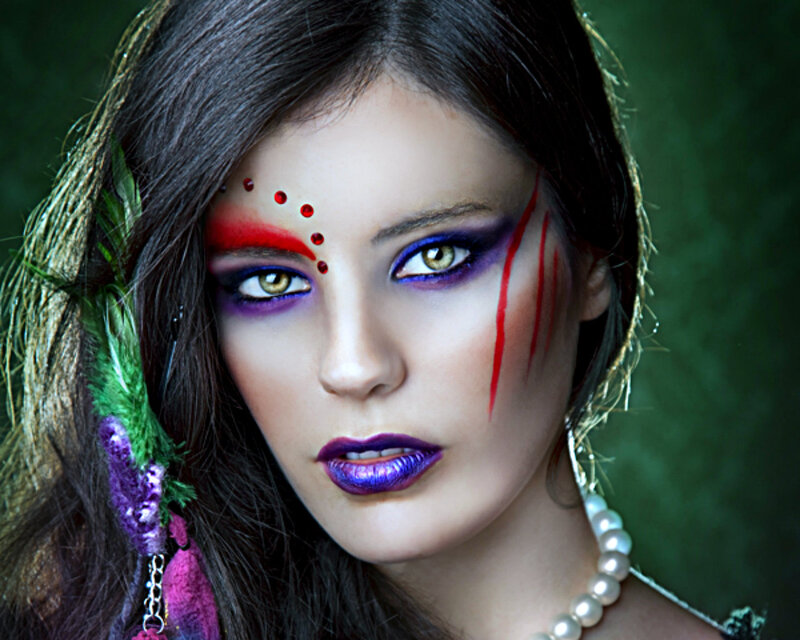 Woman with Colorful Makeup — Purple, Dramatic, Photograph, Feather