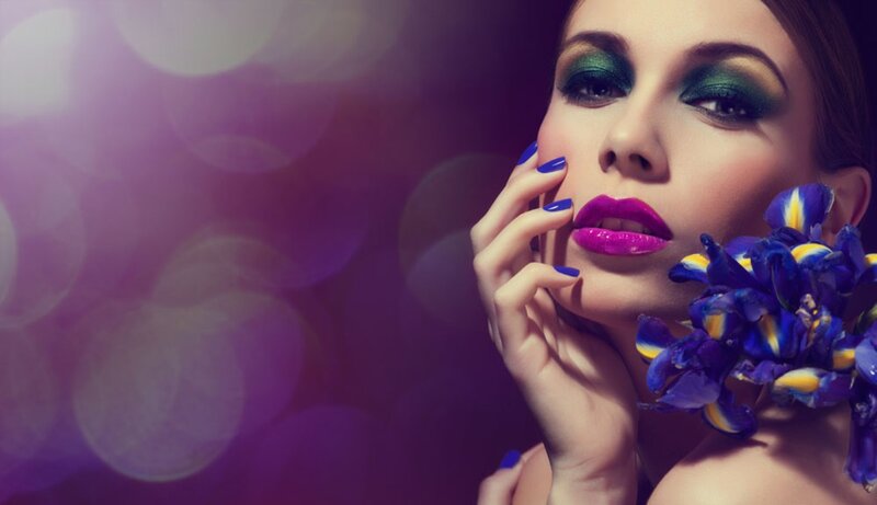 Woman with Colorful Makeup — Purple, Dramatic, Photograph, Flowers, Nails