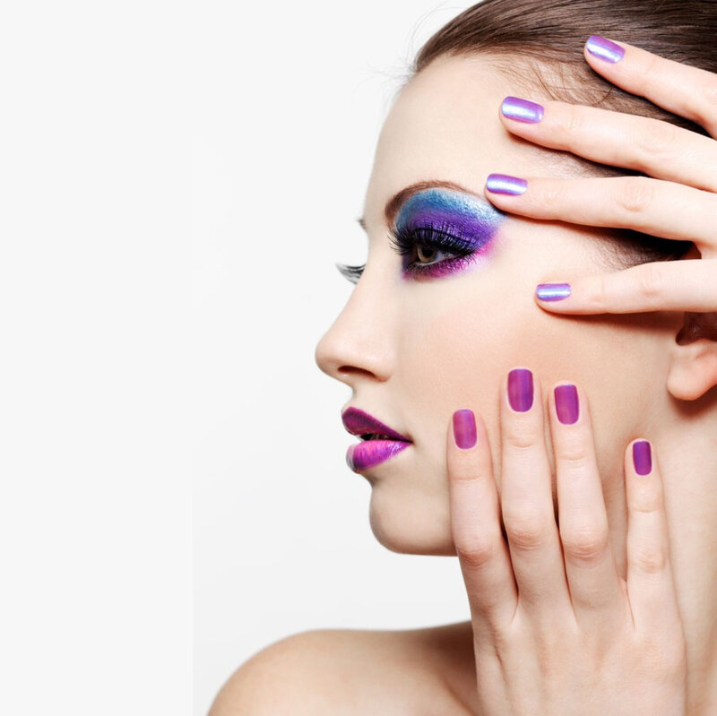 Woman with Colorful Makeup — Purple, Dramatic, Photograph, Nails, Hand