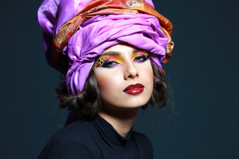 Woman with Colorful Makeup — Purple, Dramatic, Photograph, Turban