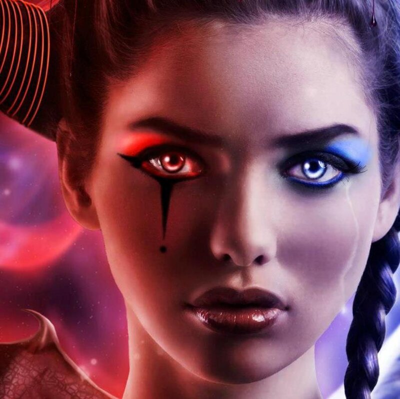 Woman with Colorful Makeup — Red, Dramatic, Digital Art, Eyes