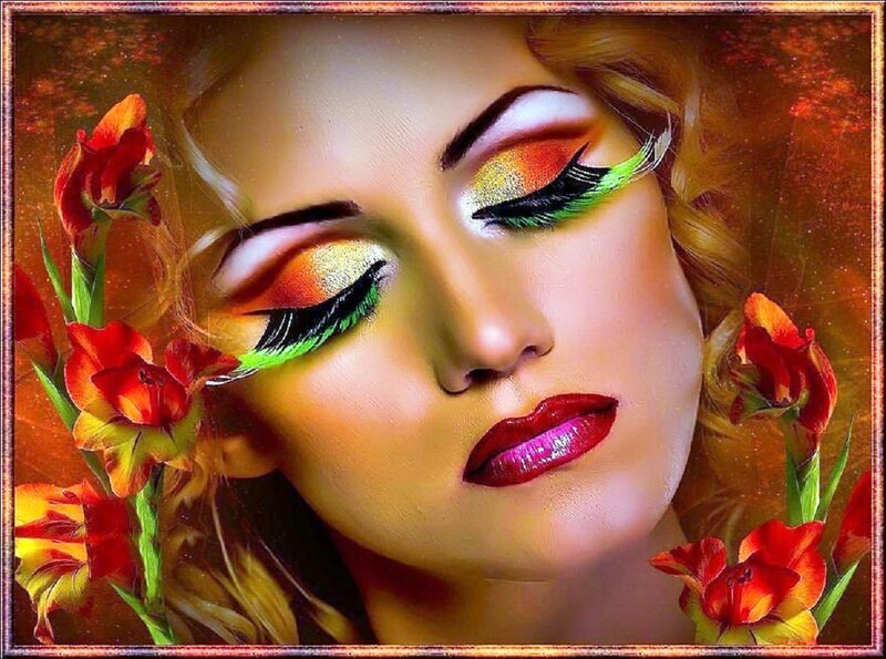 Woman with Colorful Makeup — Red, Dramatic, Digital Art, Flowers
