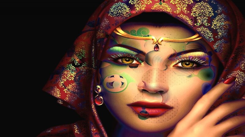 Woman with Colorful Makeup — Red, Dramatic, Digital Art