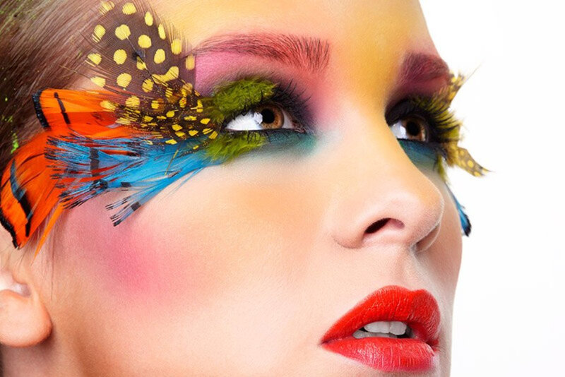 Woman with Colorful Makeup — Red, Dramatic, Photograph, Feathers