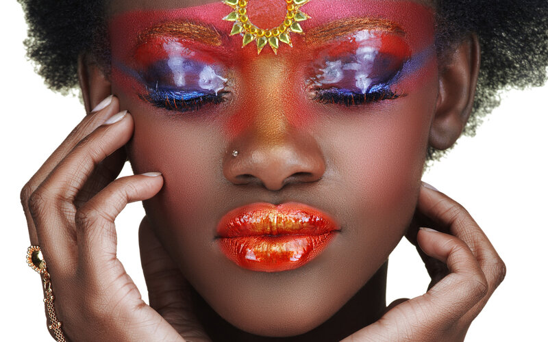 Woman with Colorful Makeup — Red, Dramatic, Photograph