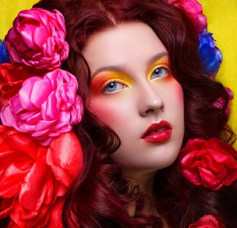 Woman with Colorful Makeup — Red, Vibrant, Photograph