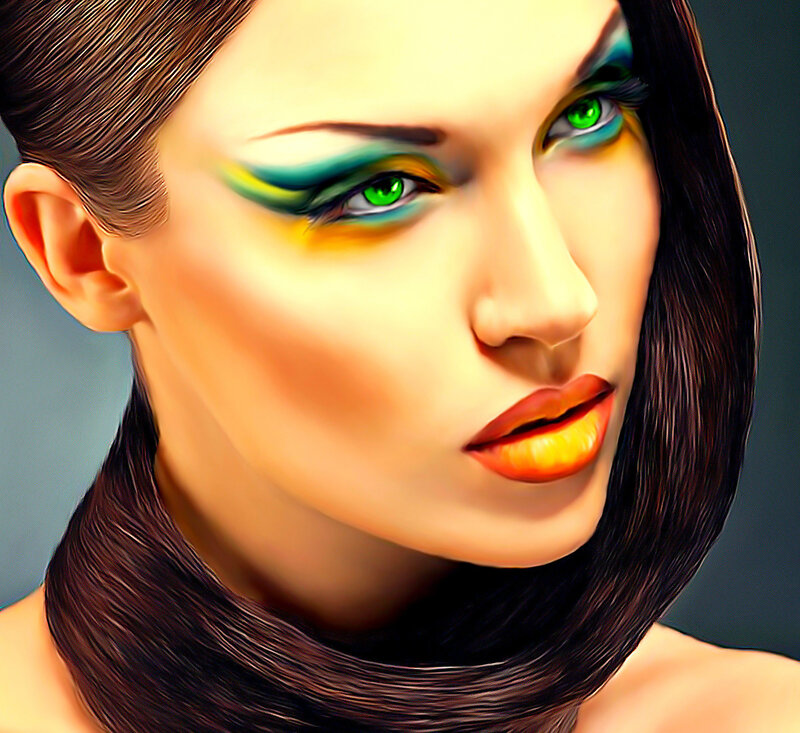 Woman with Colorful Makeup — Yellow, Dramatic, Digital Art, Green Eyes