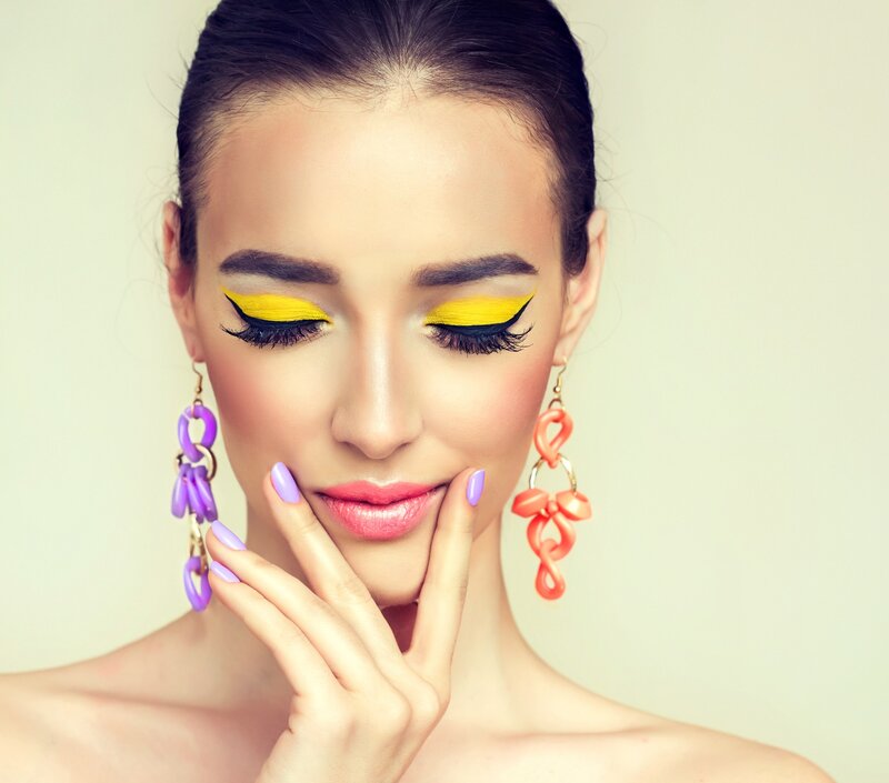 Woman with Colorful Makeup — Yellow, Dramatic, Photograph, Earrings