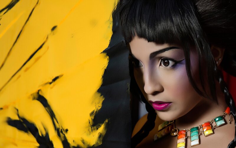 Woman with Colorful Makeup — Yellow, Dramatic, Photograph, Necklace