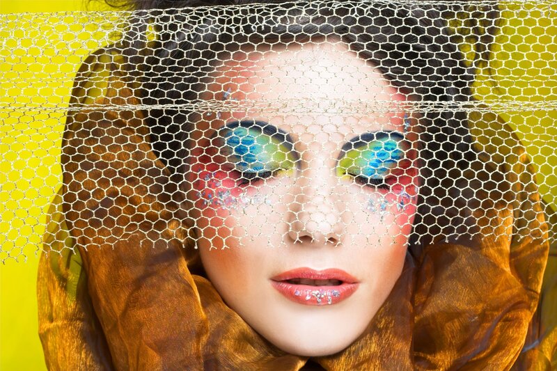Woman with Colorful Makeup — Yellow, Dramatic, Photograph, Veil
