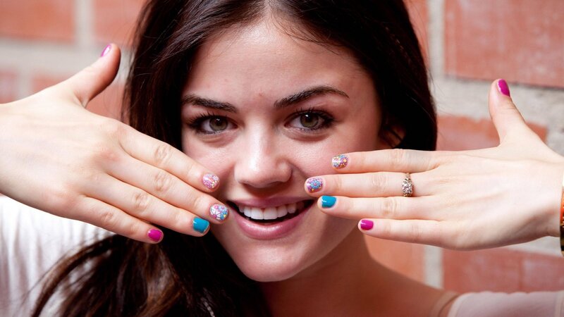 Woman with Colorful Nails — Brown, Playful, Photograph