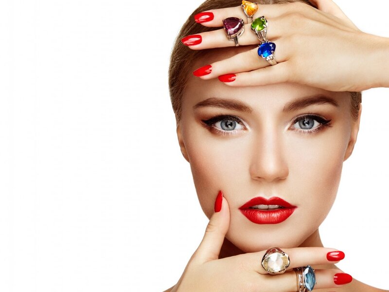 Woman with Colorful Rings — Red