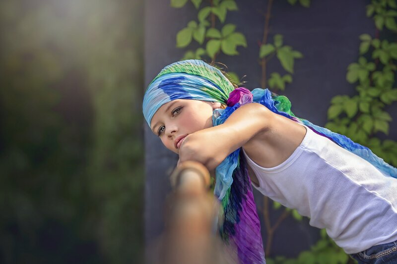 Woman with Colorful Scarf — Blue, Contemplative