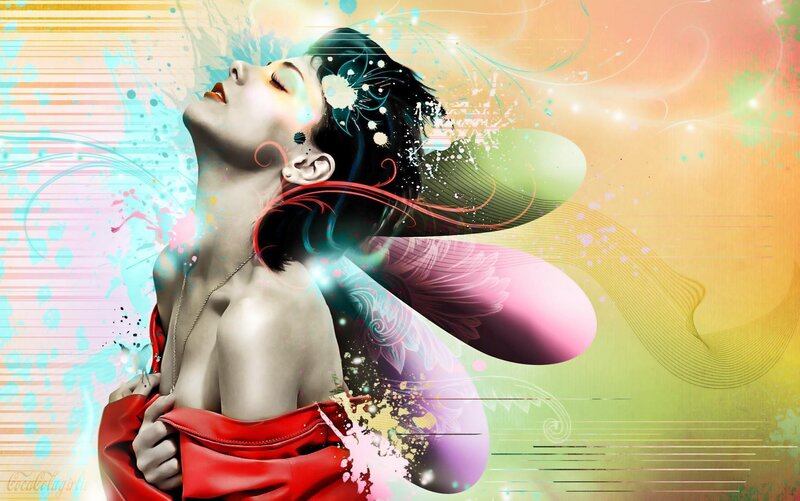 woman with colorful wings