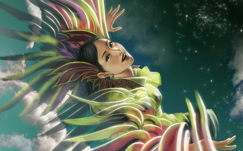 Woman with Colorful Wings — Green, Dramatic, Night