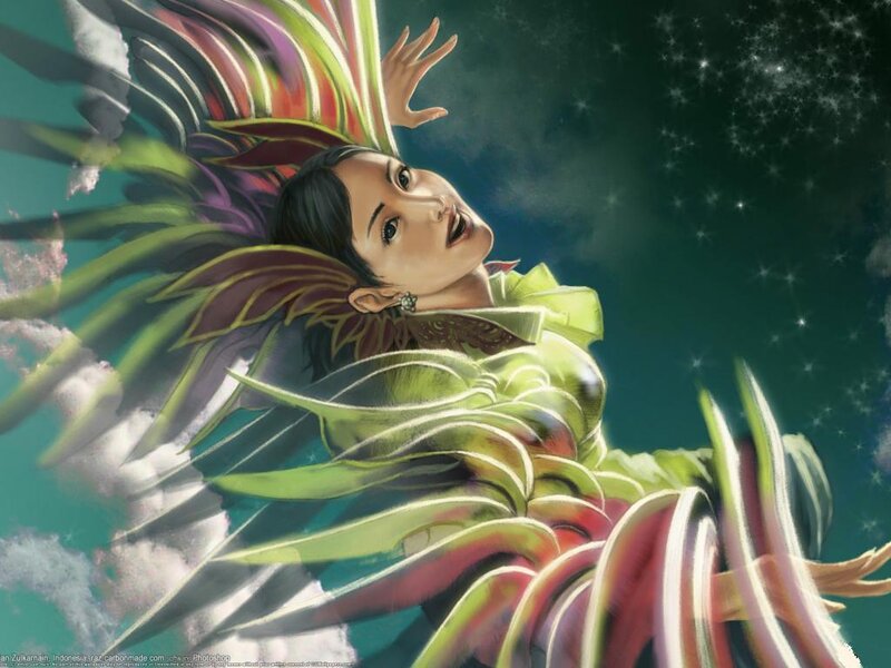 Woman with Colorful Wings — Green, Dramatic