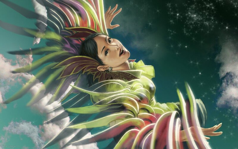 woman with colorful wings in sky