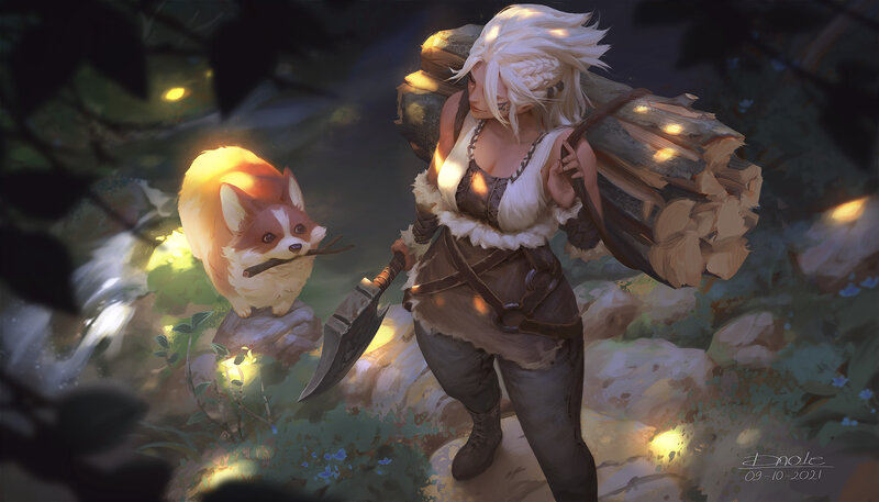 Woman with Corgi Dog — White