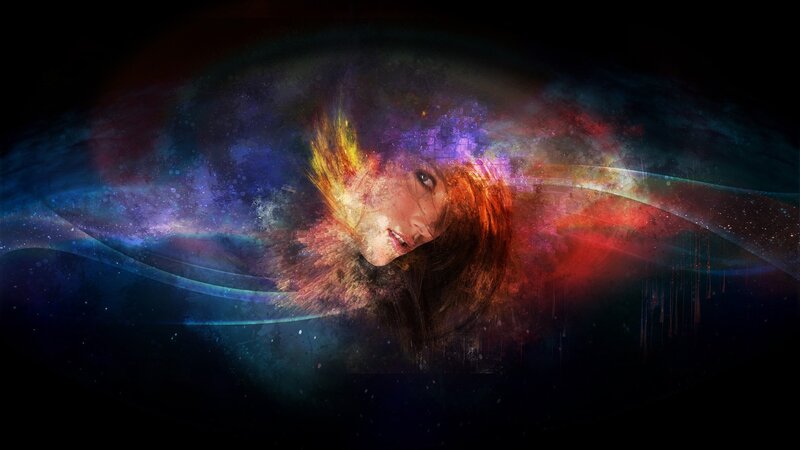 Woman with Cosmic Background — Purple, Dramatic