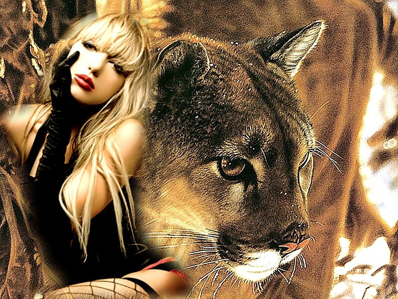 Woman with Cougar — Brown, Dramatic
