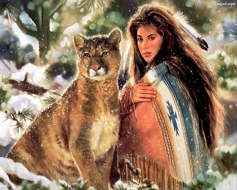 Woman with Cougar in Snow — Brown