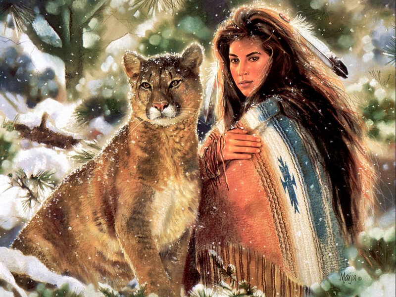 Woman with Cougar in Snow