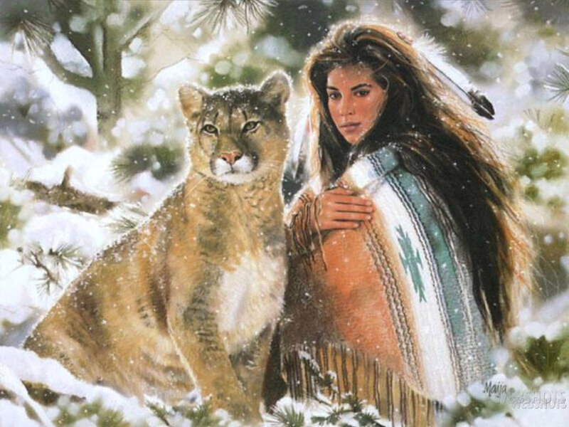 Woman with Cougar in Snow — White