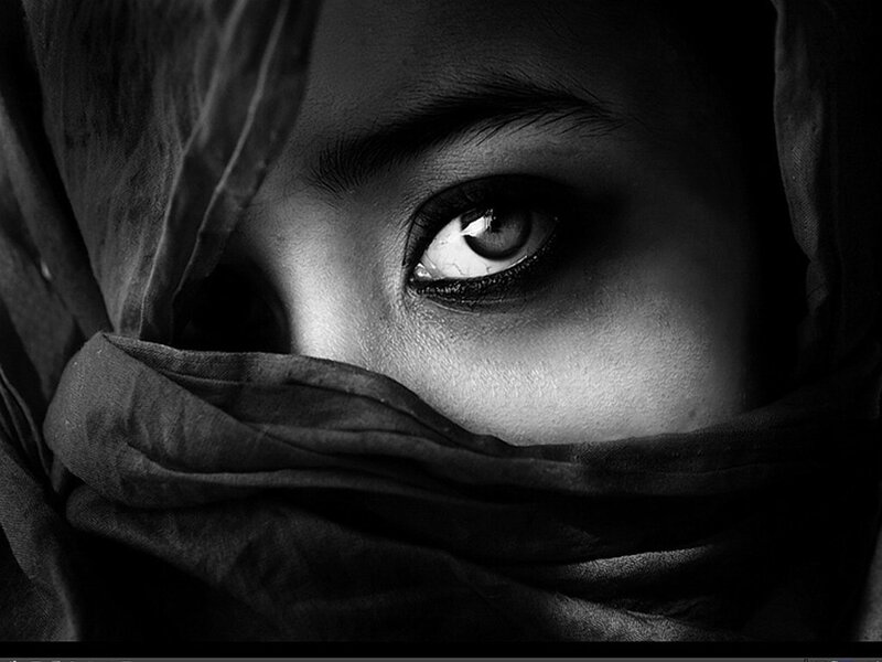 Woman with Covered Face — Black, Dramatic, Photograph