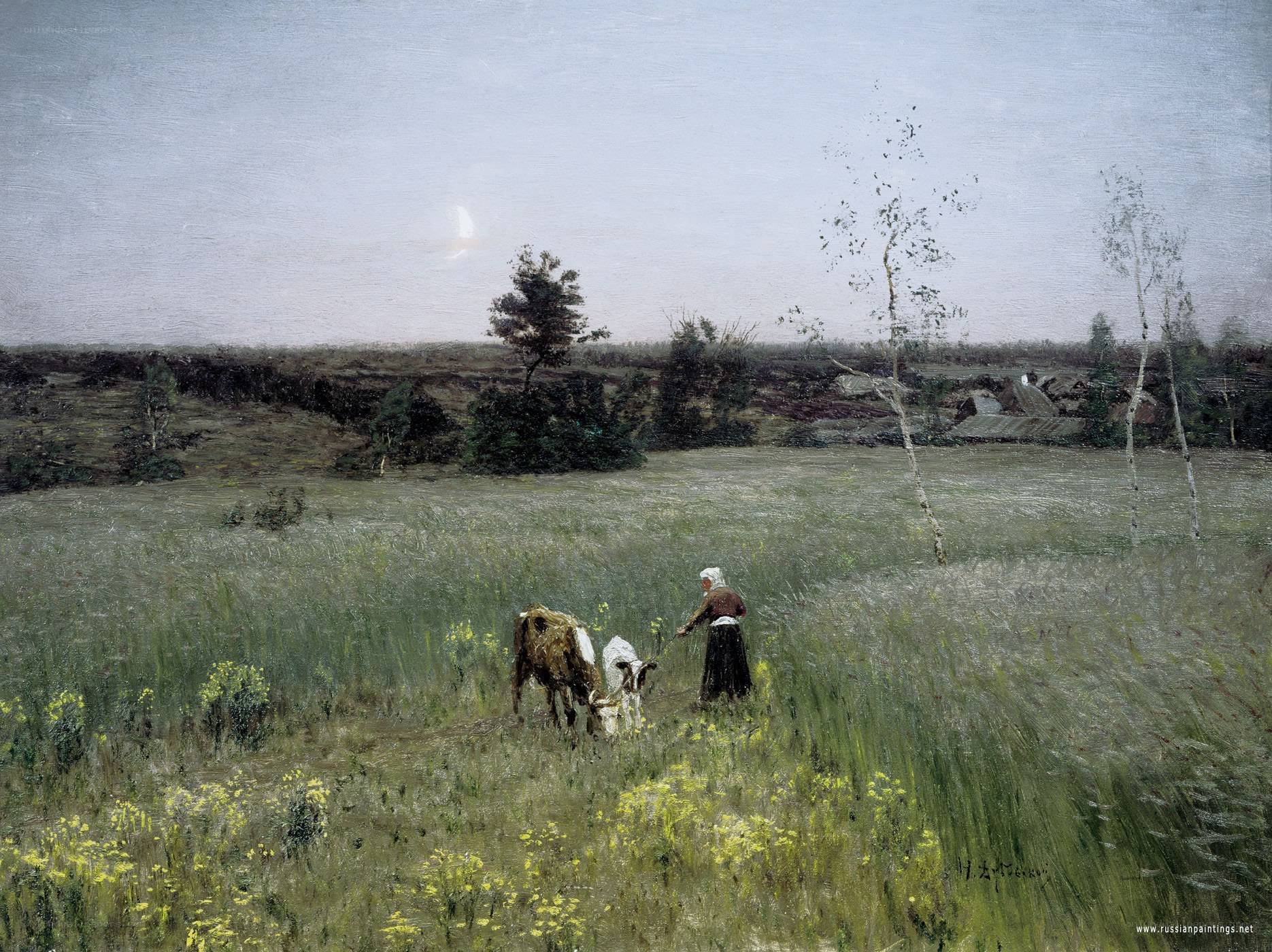 Woman with Cows in a Field
