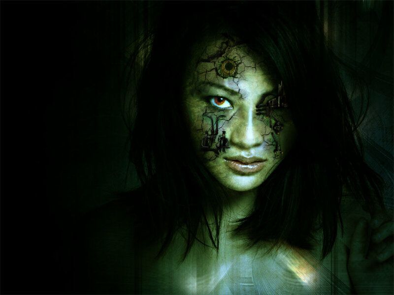 woman with cracked face and mechanical eye