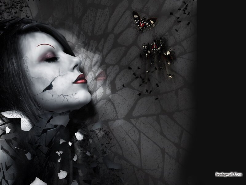 Woman with Cracked Face — Black, Dark, Digital Art