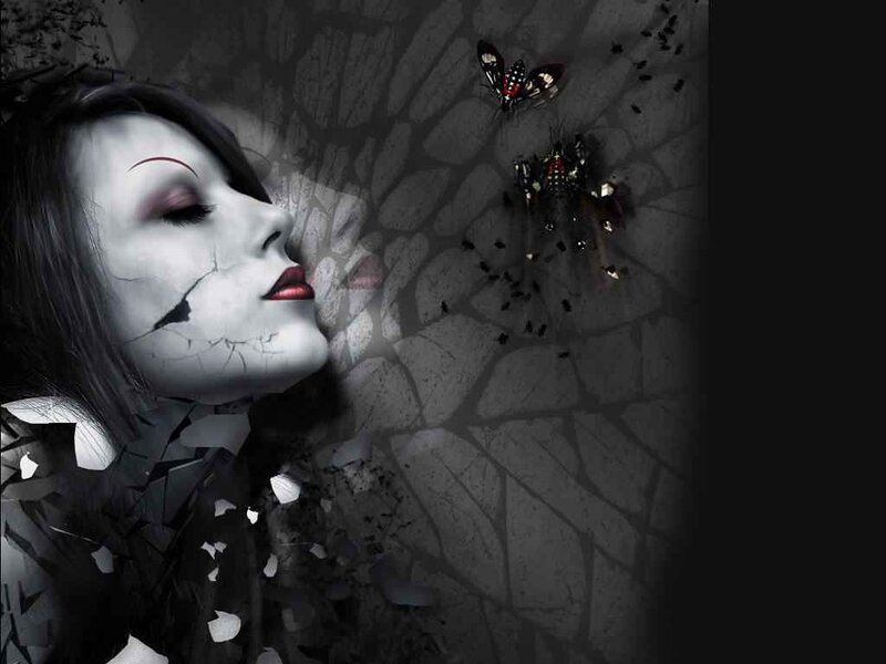 Woman with Cracked Face — Black, Dramatic, Digital Art, Butterfly, Cracked Surface