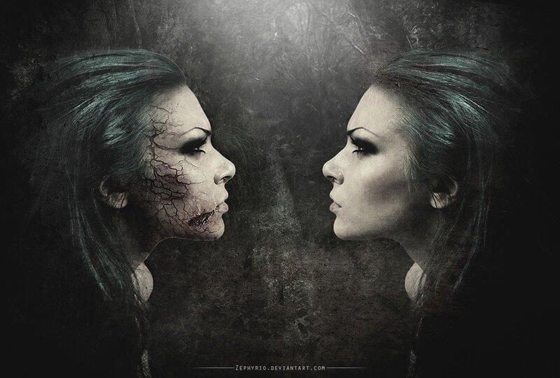 Woman with Cracked Face — Black, Dramatic, Digital Art, Cracked Skin, Dark Background