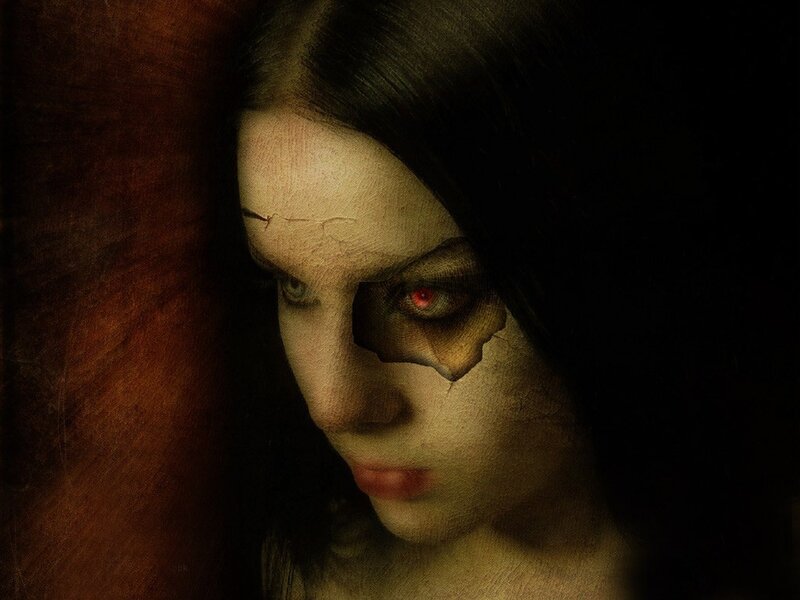 Woman with Cracked Face — Black, Dramatic, Digital Art, Cracked Skin, Red Eye