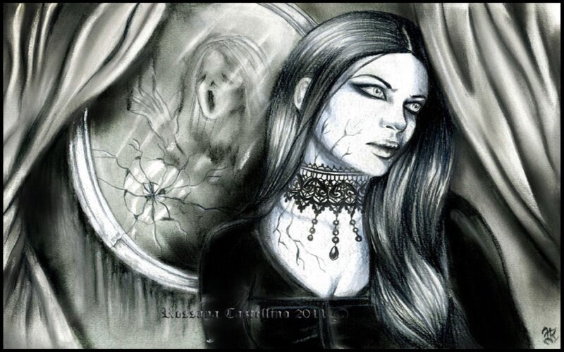 Woman with Cracked Face — Black, Dramatic, Digital Art, Mirror
