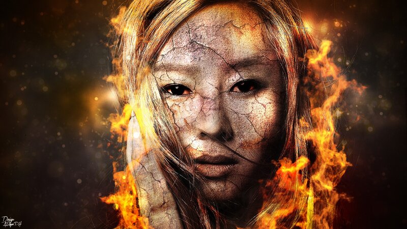 woman with cracked skin and fire