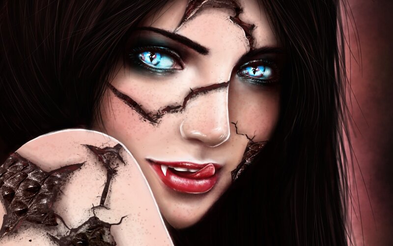 Woman with Cracked Skin — Black, Dramatic, Digital Art, Blue Eyes