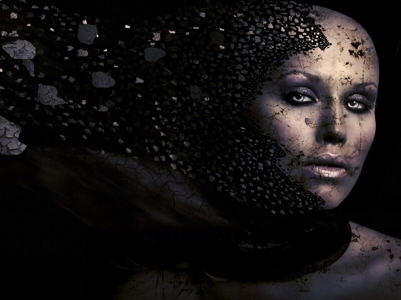Woman with Cracked Skin — Black, Dramatic, Digital Art