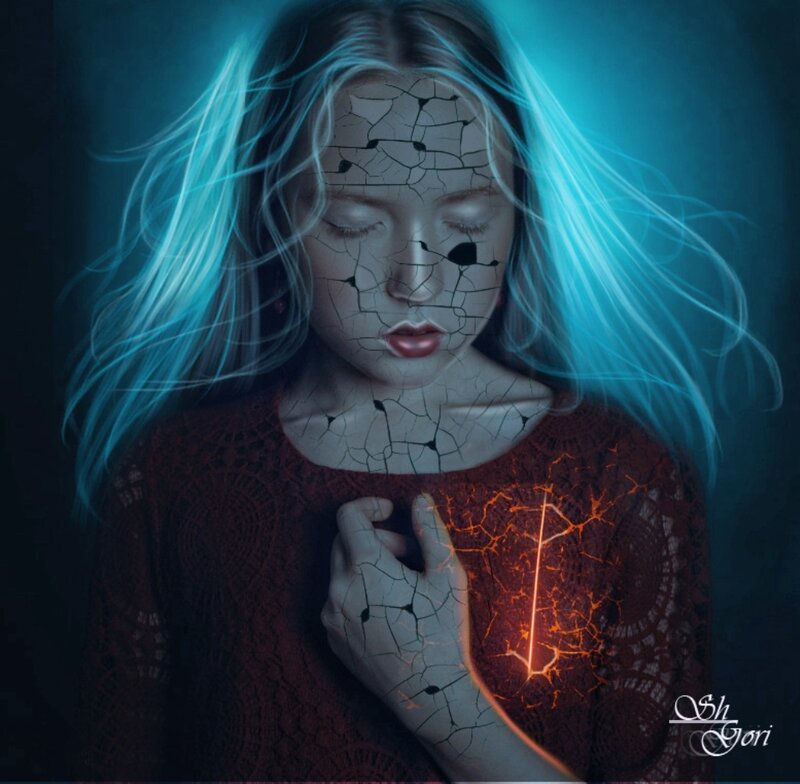 Woman with Cracked Skin — Blue, Dramatic