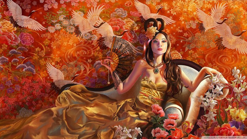 woman with cranes and flowers