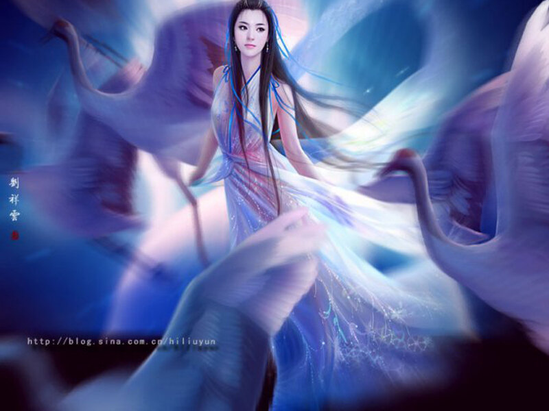 woman with cranes in blue light