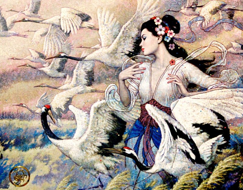 Woman with Cranes — White