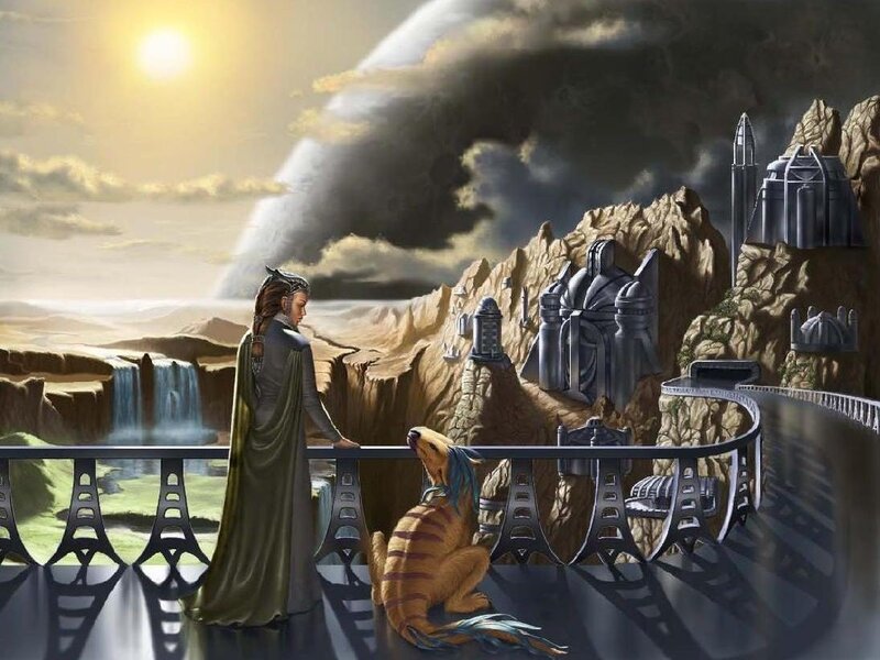woman with creature on balcony