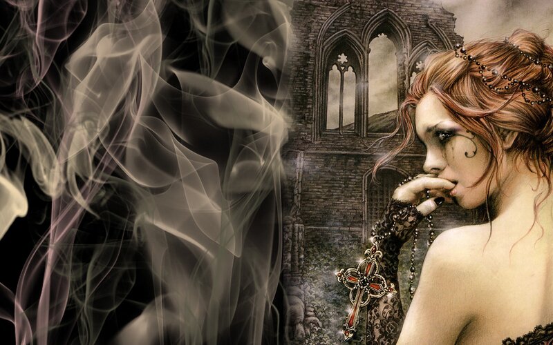 woman with cross in ruins