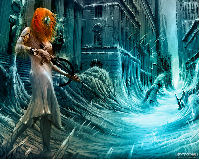 Woman with Crossbow in City