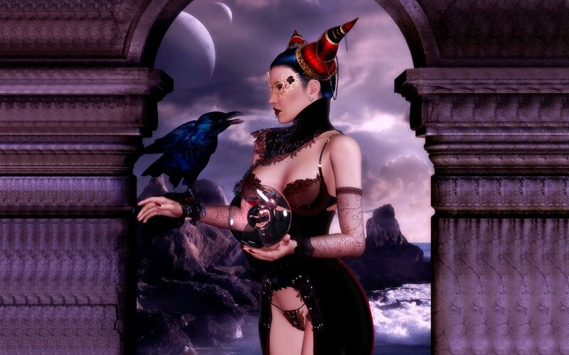 woman with crow and crystal ball