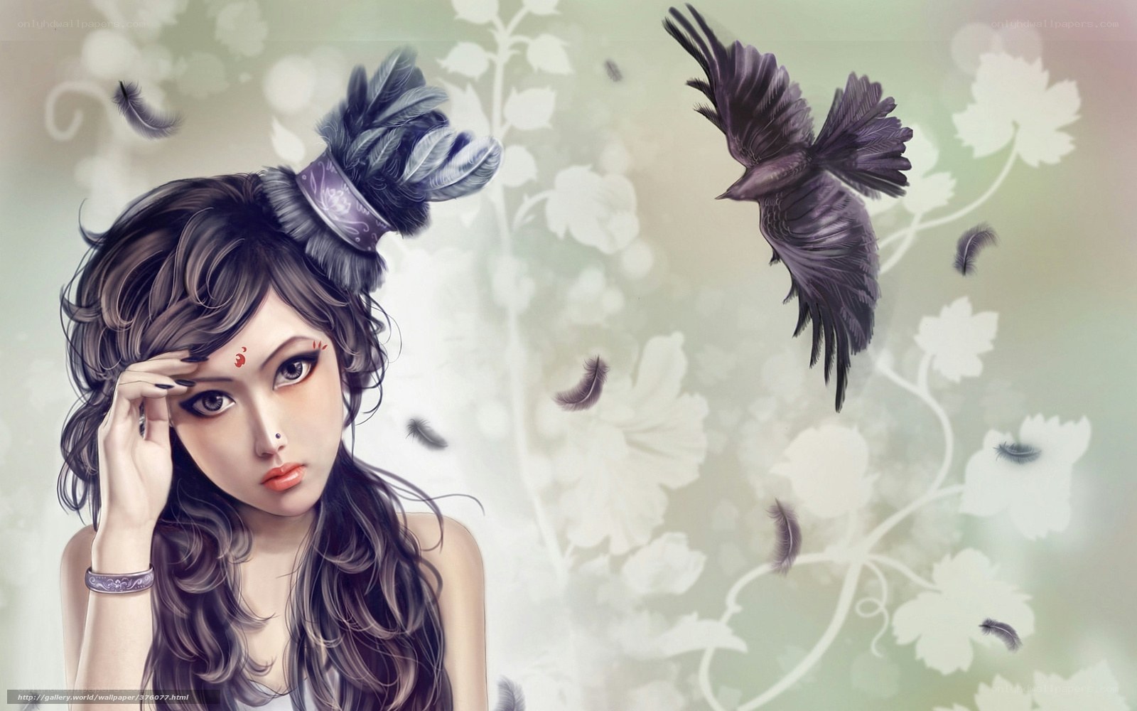 woman with crow and feathers