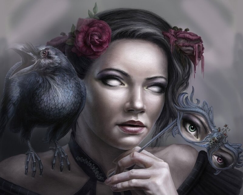 Woman with Crow and Mask — Gray, Dramatic