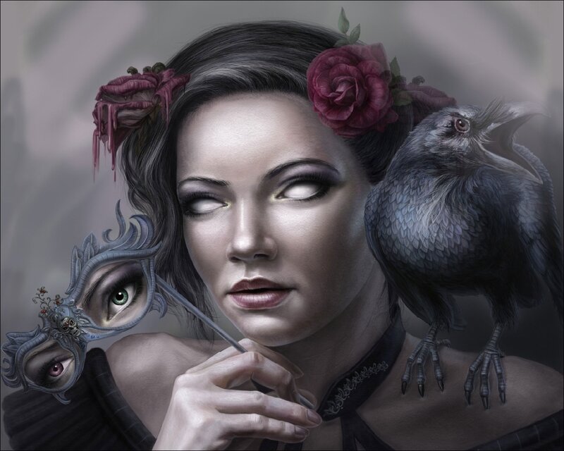 Woman with Crow and Mask — Gray